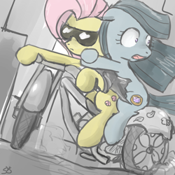 Size: 800x800 | Tagged: dead source, safe, artist:speccysy, fluttershy, marble pie, earth pony, pegasus, pony, duo, duo female, female, floppy ears, flutterbadass, holding on, mare, motorcycle, scared, sunglasses