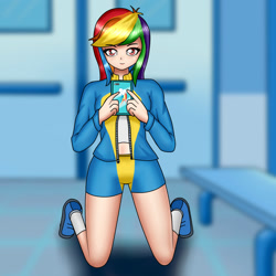 Size: 1200x1200 | Tagged: safe, artist:focusb, derpibooru import, rainbow dash, human, clothes, cute, female, humanized, locker room, looking at you, midriff, phone, selfie, smartphone, smiling, solo