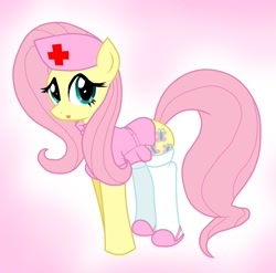 Size: 1692x1673 | Tagged: safe, artist:pyruvate, fluttershy, pegasus, pony, clothes, female, gradient background, mare, nurse, socks, solo