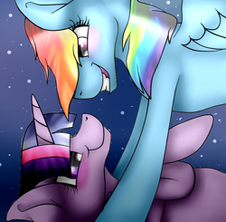 Size: 848x830 | Tagged: safe, artist:bladedeehunter, derpibooru import, rainbow dash, twilight sparkle, pegasus, pony, unicorn, blushing, female, lesbian, looking at each other, looking up, on back, shipping, smiling, twidash