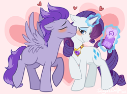 Size: 1168x863 | Tagged: safe, artist:ryunwoofie, rarity, oc, oc:kydose, pegasus, pony, unicorn, blushing, canon x oc, eyes closed, female, heart, kissing on the cheek, lidded eyes, male, mare, necklace, raridose, shipping, smiling, stallion, straight