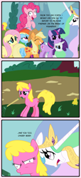 Size: 861x1896 | Tagged: safe, artist:the-ross, derpibooru import, applejack, cherry berry, fluttershy, pinkie pie, princess celestia, rainbow dash, rarity, twilight sparkle, alicorn, earth pony, pegasus, pony, unicorn, comic, derp, faic, female, mane six, mare, pinkie derp, smirk, twiface