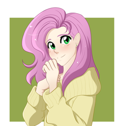 Size: 1024x1025 | Tagged: safe, artist:apple-cake, fluttershy, human, clothes, female, humanized, smiling, sweater, sweatershy