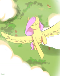 Size: 1024x1280 | Tagged: safe, artist:swomswom, fluttershy, pegasus, pony, bird's eye view, eyes closed, female, flying, mare, solo, vertigo