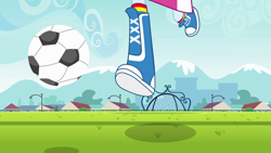 Size: 1920x1080 | Tagged: safe, derpibooru import, screencap, rainbow dash, equestria girls, equestria girls (movie), boots, clothes, football, mountain, skirt, soccer field, soccer goalpost, socks, solo