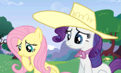 Size: 833x500 | Tagged: safe, screencap, fluttershy, rarity, pegasus, pony, unicorn, a canterlot wedding, animated, female, gif, hat, looking at each other, mare, sitting, worried