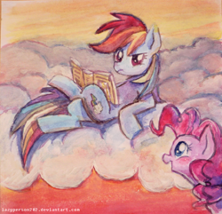 Size: 600x578 | Tagged: safe, artist:sewyouplushiethings, derpibooru import, pinkie pie, rainbow dash, earth pony, pegasus, pony, book, cloud, cloudy, reading, traditional art