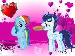 Size: 600x450 | Tagged: safe, artist:celinesparkle, rainbow dash, soarin', pegasus, pony, female, heart, male, pie, shipping, soarindash, straight, that pony sure does love pies