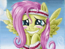 Size: 640x480 | Tagged: safe, artist:the-wizard-of-art, fluttershy, pegasus, pony, hurricane fluttershy, armband, blushing, cloud, cute, female, flying, grin, headband, mare, scene interpretation, shyabetes, sky, smiling, solo, squee, sweatband, wristband