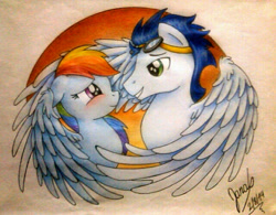 Size: 576x450 | Tagged: safe, artist:janadashie, rainbow dash, soarin', pegasus, pony, blushing, crush, cute, eye contact, female, goggles, male, nervous, shipping, smiling, soarindash, spread wings, straight