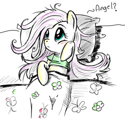 Size: 1000x1000 | Tagged: safe, artist:fiarel, fluttershy, pegasus, pony, bed, clothes, female, mare, messy mane, midriff, morning ponies, on back, pajamas, pillow, short shirt, sketch, solo