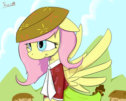 Size: 1280x1024 | Tagged: safe, artist:swomswom, fluttershy, pegasus, pony, bipedal, clothes, female, floppy ears, hanbok, hat, korean, mare, smiling, solo