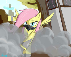 Size: 1280x1024 | Tagged: safe, artist:swomswom, fluttershy, pegasus, pony, action pose, badass, female, flutterbadass, mare, mask, ninja, smoke, solo