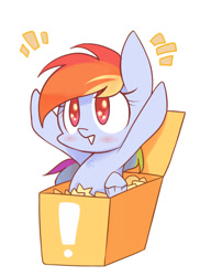 Size: 1000x1375 | Tagged: safe, artist:joycall6, rainbow dash, pegasus, pony, blushing, box, exclamation point, female, mare, pony in a box, simple background, solo, starry eyes, white background, wingding eyes