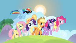 Size: 1600x900 | Tagged: safe, derpibooru import, screencap, applejack, fluttershy, pinkie pie, rainbow dash, rarity, twilight sparkle, twilight sparkle (alicorn), alicorn, earth pony, pegasus, pony, unicorn, all bottled up, best friends until the end of time, hat, mane six, pronking, sunglasses