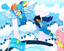 Size: 1000x800 | Tagged: safe, artist:ruhianna, angel bunny, fluttershy, rainbow dash, oc, human, cheering, clothes, crowd, flying, goggles, humanized, skirt, speech, sweater, sweatershy, winged humanization, wings, wonderbolts uniform