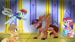 Size: 4000x2250 | Tagged: safe, artist:appleychu, derpibooru import, applejack, pinkie pie, rainbow dash, oc, oc:courageous heart, alicorn, earth pony, pegasus, pony, alicorn oc, clothes, evil, fight, party cannon