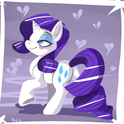 Size: 600x600 | Tagged: safe, artist:clockworkquartet, rarity, pony, unicorn, blushing, butt, female, heart, mare, plot, solo