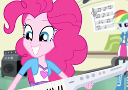 Size: 669x470 | Tagged: safe, derpibooru import, screencap, pinkie pie, rainbow dash, equestria girls, player piano, rainbow rocks, boots, clothes, cute, keytar, musical instrument, skirt, smiling, socks