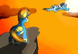 Size: 900x630 | Tagged: safe, artist:gilouw, rainbow dash, soarin', spitfire, pegasus, pony, female, goggles, jealous, male, regret, sad, shipping, soarindash, straight, sunset, wonderbolts uniform