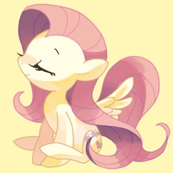 Size: 500x500 | Tagged: safe, artist:mutagorou0w0, fluttershy, pegasus, pony, cute, eyes closed, female, mare, shyabetes, simple background, sitting, smiling, solo, yellow background