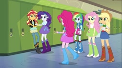 Size: 1100x618 | Tagged: safe, derpibooru import, applejack, fluttershy, pinkie pie, rainbow dash, rarity, sunset shimmer, equestria girls, friendship games, balloon, boots, bracelet, clothes, cowboy boots, door, hallway, hands on arm, high heel boots, humane five, humane six, jacket, jewelry, leather jacket, lockers, mane six, raised leg, skirt, socks, wristband