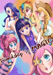 Size: 1000x1415 | Tagged: safe, artist:paula2836, derpibooru import, applejack, fluttershy, pinkie pie, rainbow dash, rarity, twilight sparkle, human, humanized