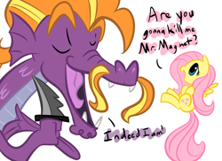 Size: 2338x1700 | Tagged: safe, artist:tess, fluttershy, steven magnet, pegasus, pony, duo, female, imminent murder, irrational exuberance, knife, male, mare, simple background, smiling, white background