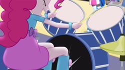 Size: 1100x618 | Tagged: safe, derpibooru import, screencap, pinkie pie, rainbow dash, equestria girls, rainbow rocks, boots, bracelet, cymbals, drum kit, drumming, drums, drumsticks, electric guitar, guitar, high heel boots, jewelry, musical instrument, rear view