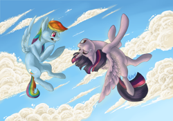 Size: 900x630 | Tagged: safe, artist:amberswirl, rainbow dash, twilight sparkle, twilight sparkle (alicorn), alicorn, pegasus, pony, cloud, cloudy, female, flying, flying lesson, gritted teeth, mare, upside down