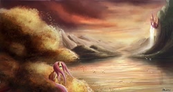 Size: 3000x1600 | Tagged: safe, artist:ajvl, fluttershy, pegasus, pony, canterlot, female, mare, scenery, sitting, solo, sunset, water, waterfall, windswept mane