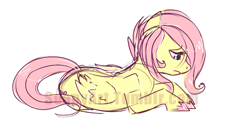 Size: 500x255 | Tagged: artist needed, safe, fluttershy, pegasus, pony, prone, sad, teenager, watermark