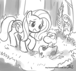 Size: 1280x1200 | Tagged: safe, artist:johnjoseco, fluttershy, pegasus, pony, baby yoshi, crossover, cute, derp, duo, female, forest, grayscale, hatching, hatchling, mare, mario, monochrome, newborn, nintendo, open mouth, raised hoof, smiling, super mario bros., yoshi, yoshi egg, yoshi's island