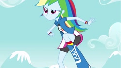 Size: 1100x618 | Tagged: safe, derpibooru import, screencap, rainbow dash, equestria girls, equestria girls (movie), boots, bracelet, clothes, jewelry, mountain, raised leg, skirt, wristband