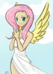 Size: 700x968 | Tagged: safe, artist:johnjoseco, color edit, edit, fluttershy, angel, human, cleavage, clothes, colored, dress, female, humanized, smiling, solo, winged humanization