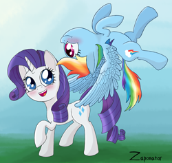 Size: 2029x1921 | Tagged: safe, artist:zaponator, derpibooru import, rainbow dash, rarity, pegasus, pony, unicorn, blushing, butt touch, feathermarking, female, lesbian, raridash, shipping