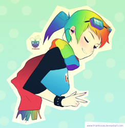 Size: 936x958 | Tagged: safe, artist:framboosi, rainbow dash, human, clothes, goggles, humanized, nail polish, scarf, solo