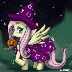 Size: 900x900 | Tagged: safe, artist:johnjoseco, fluttershy, pegasus, pony, cape, clothes, costume, female, hat, mare, mouth hold, night, nightmare night, shivering, solo, witch hat