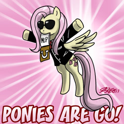 Size: 900x900 | Tagged: safe, artist:johnjoseco, fluttershy, pegasus, pony, abstract background, clothes, elite beat agents, female, flying, mare, mouth hold, parody, rhythm game, solo, sunglasses