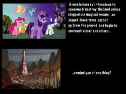 Size: 1600x1200 | Tagged: safe, derpibooru import, applejack, fluttershy, pinkie pie, rainbow dash, rarity, twilight sparkle, twilight sparkle (alicorn), alicorn, earth pony, pegasus, pony, unicorn, princess twilight sparkle (episode), season 4, aku, big crown thingy, birth of evil, comparison, elements of harmony, female, mare, samurai jack, speculation