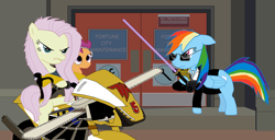 Size: 900x462 | Tagged: safe, fluttershy, rainbow dash, scootaloo, pegasus, pony, chuck greene, clothes, dead rising, dead rising 2: off the record, female, filly, frank west, lightsaber, mare