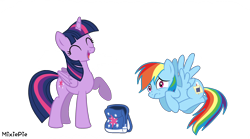 Size: 2872x1600 | Tagged: safe, artist:mixiepie, rainbow dash, twilight sparkle, twilight sparkle (alicorn), alicorn, pegasus, pony, backpack, female, lesbian, mare, shipping, simple background, transparent background, twidash, vector