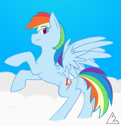 Size: 767x800 | Tagged: safe, artist:ravingspectrum, rainbow dash, pegasus, pony, cloud, plot, rearing, simple background, smiling, solo, spread wings