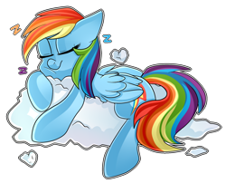 Size: 1500x1210 | Tagged: safe, artist:regkitty, derpibooru import, rainbow dash, pegasus, pony, backwards cutie mark, cloud, simple background, sleeping, solo, transparent background, zzz