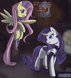 Size: 900x986 | Tagged: safe, artist:bamboodog, fluttershy, rarity, pegasus, pony, unicorn, clothes, comic, duo, duo female, female, mare