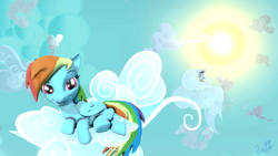 Size: 3840x2160 | Tagged: safe, artist:cutthroadstreak, derpibooru import, derpy hooves, rainbow dash, pegasus, pony, 3d, cloud, duo, female, high res, hooves, looking at you, lying on a cloud, mare, on a cloud, on side, resting, sitting, sky, source filmmaker, sun, wings