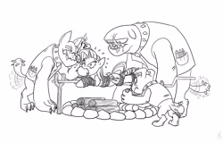 Size: 1248x800 | Tagged: safe, artist:carnifex, fido, rarity, rover, spot, diamond dog, pony, unicorn, apple, apple gag, bondage, drool, female, gag, implied cannibalism, literal spitroast, mare, monochrome, peril, pony as food, rope, tied up