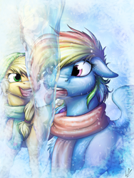 Size: 3000x4000 | Tagged: safe, artist:lupiarts, derpibooru import, applejack, rainbow dash, earth pony, pegasus, pony, clothes, duo, female, filly, floppy ears, hat, ice, icicle, open mouth, scarf, smiling, snow, stuck, tongue out, tongue stuck to pole