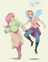 Size: 1939x2500 | Tagged: safe, artist:sundown, fluttershy, rainbow dash, human, trade ya, blushing, boots, breasts, clothes, female, flying, holding hands, hootershy, humanized, katana, midriff, open mouth, simple background, smiling, sweatershy, sword, weapon, white background, winged humanization