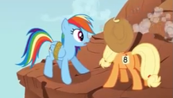 Size: 609x345 | Tagged: safe, derpibooru import, screencap, applejack, rainbow dash, earth pony, pegasus, pony, fall weather friends, cliff, out of context